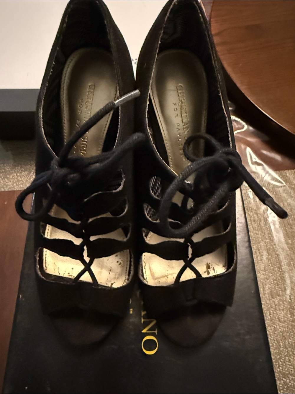 Payless Black Lace-Up Cutout Peep-Toe Heels
